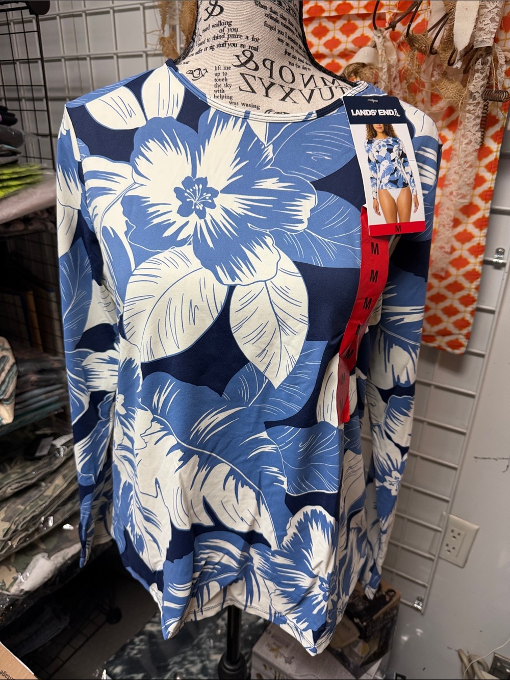 Lands' End Blue and White Floral Long-Sleeve Swim Coverup Tee